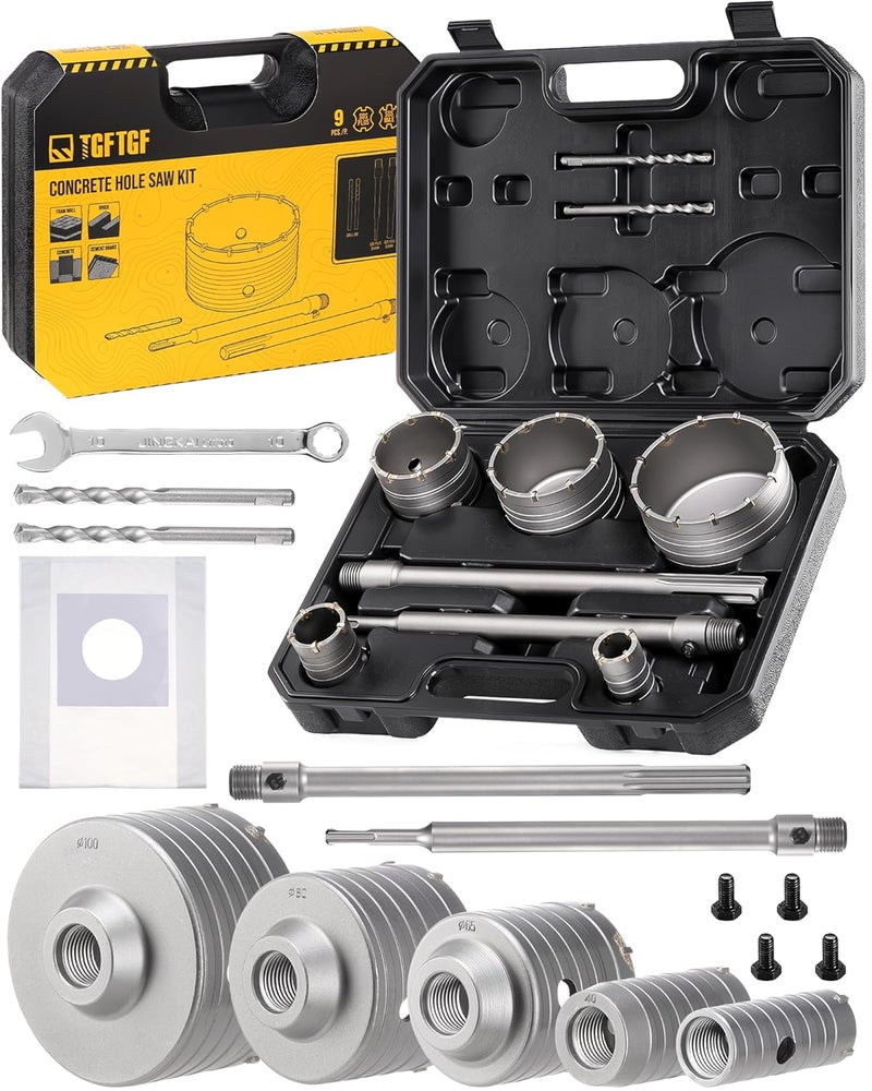 TGFTGF 9PCS Concrete Hole Saw Kit, 30/40/65/80/100mm Tungsten Carbide Masonry Hole Saw Kit with 300mm SDS Plus & SDS Max Bit Shank Drill Bit Sets for Concrete, Brick, Stone, Cement, Tile,Wall Drilling - Image 1